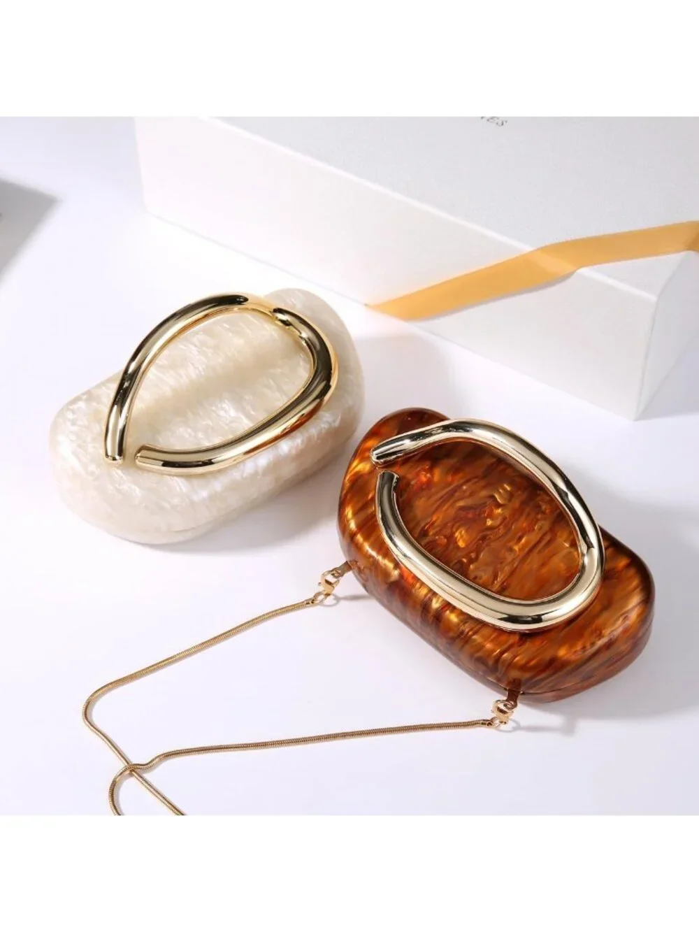 👜Women's Beige Marble Art Deco Clutch Gold-Tone Handle Evening Party Purse Bag